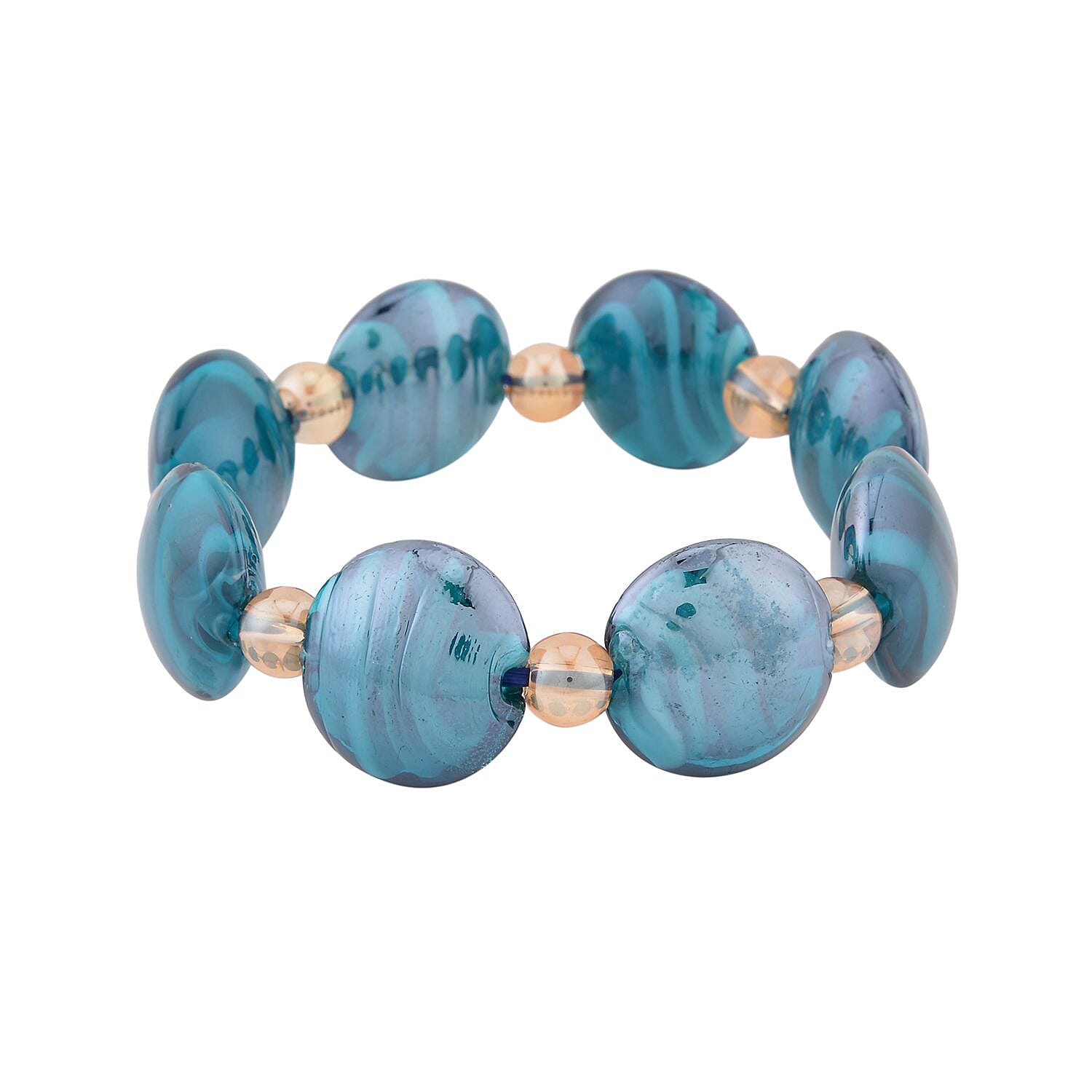 Blue Color Murano Glass and Champagne Glass Beaded Stretch Bracelet