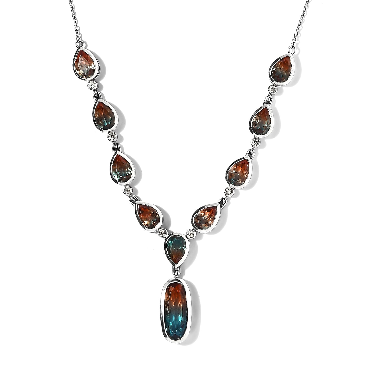 Aqua Terra Costa Quartz (Triplet) and White Zircon Y-Shape Necklace 18 Inches in Platinum Over Sterling Silver 18.85 ctw