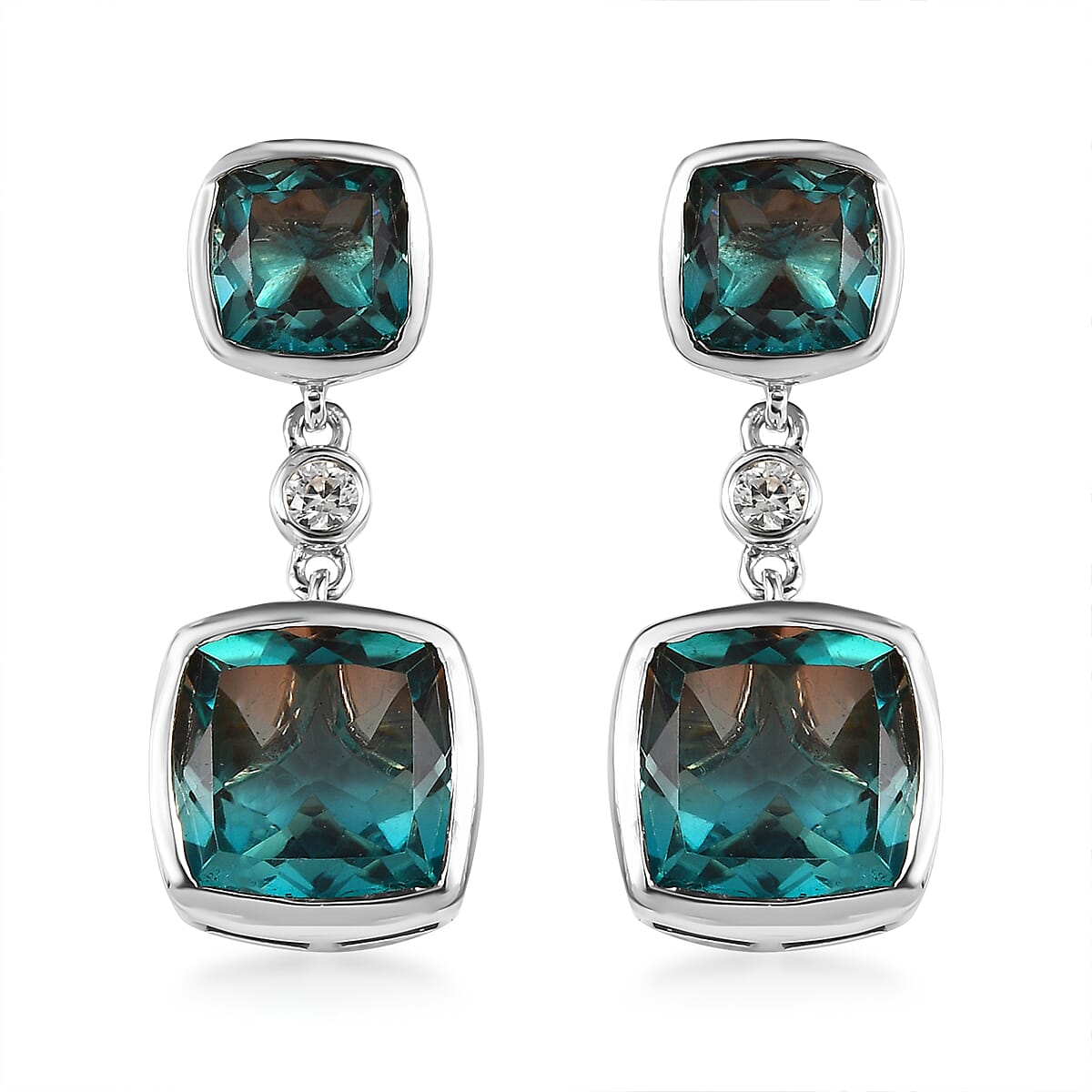 Aqua Terra Costa Quartz (Triplet) and White Zircon Dangling Earrings in Platinum Over Sterling Silver 12.60 ctw