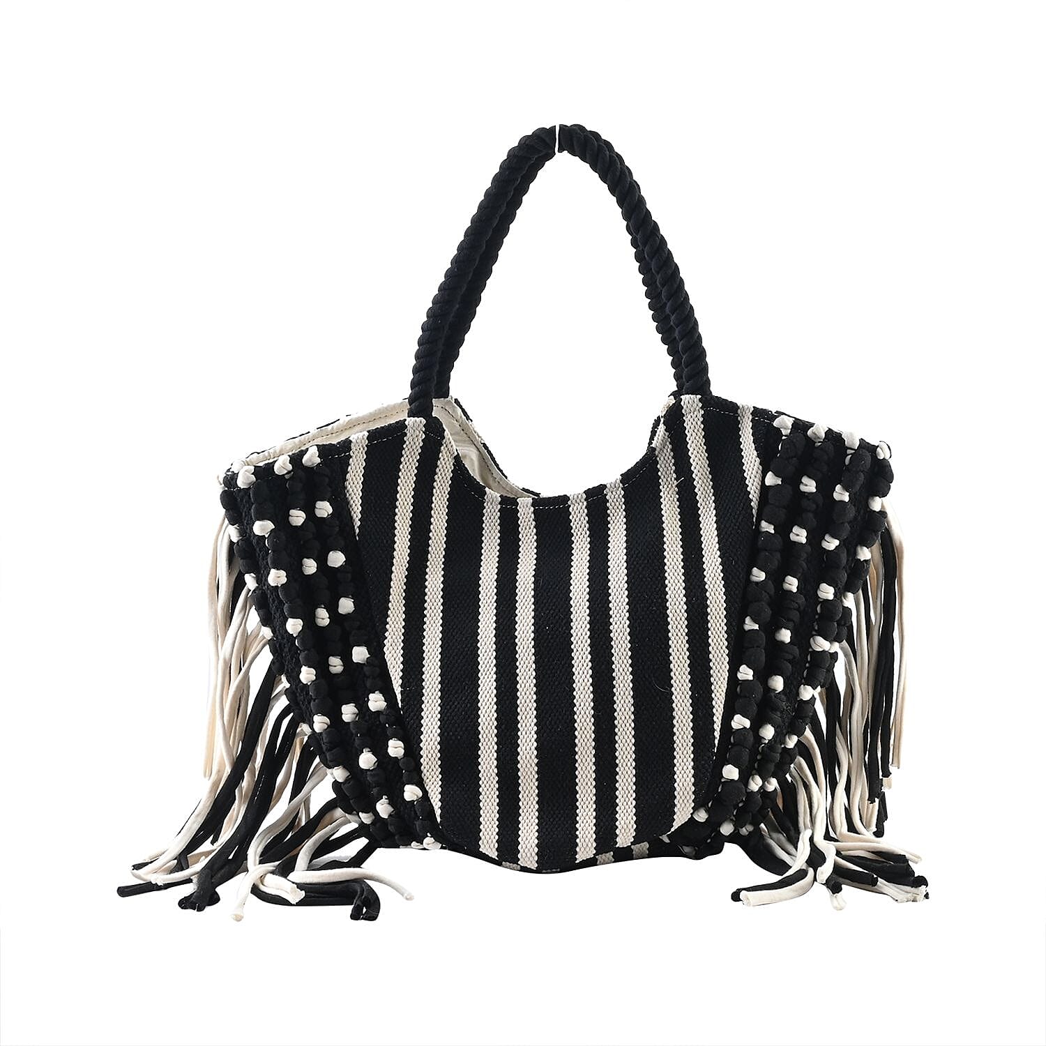 Black and White Stripes Tote Bag with Fringe