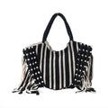 Black and White Stripes Tote Bag with Fringe - Sticky add to cart bar