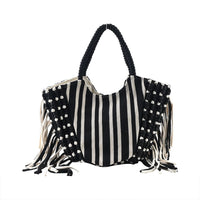 Black and White Stripes Tote Bag with Fringe