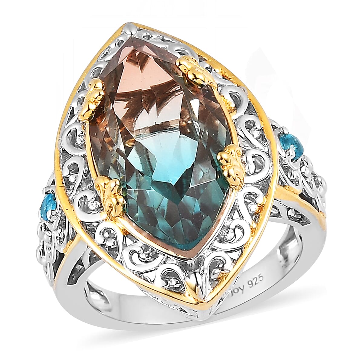 Aqua Terra Costa Quartz (Triplet) and Malgache Neon Apatite Ring in Vermeil YG and Platinum Over Sterling Silver 8.15 ctw