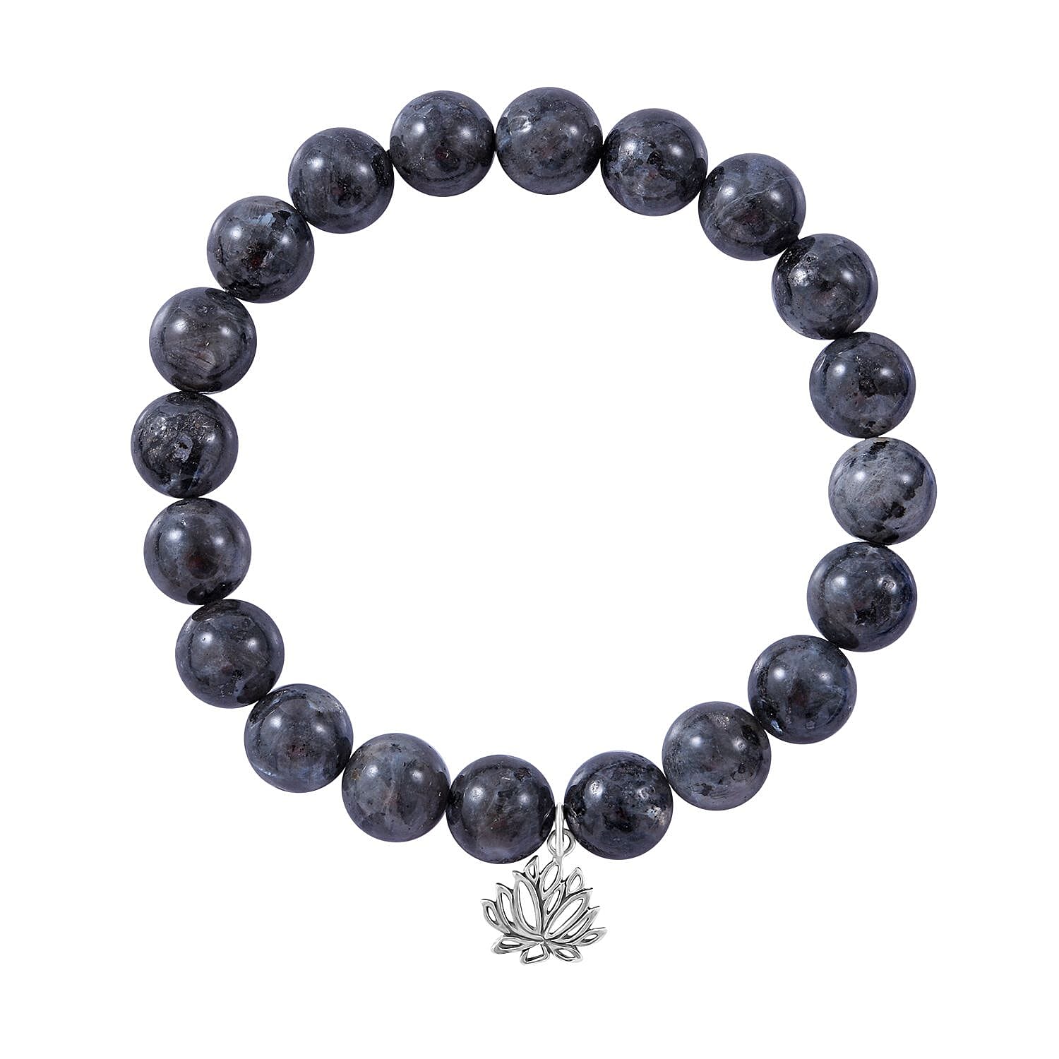 Black Labradorite Beaded Stretch Bracelet with Heart Charm in Sterling Silver 150.00 ctw