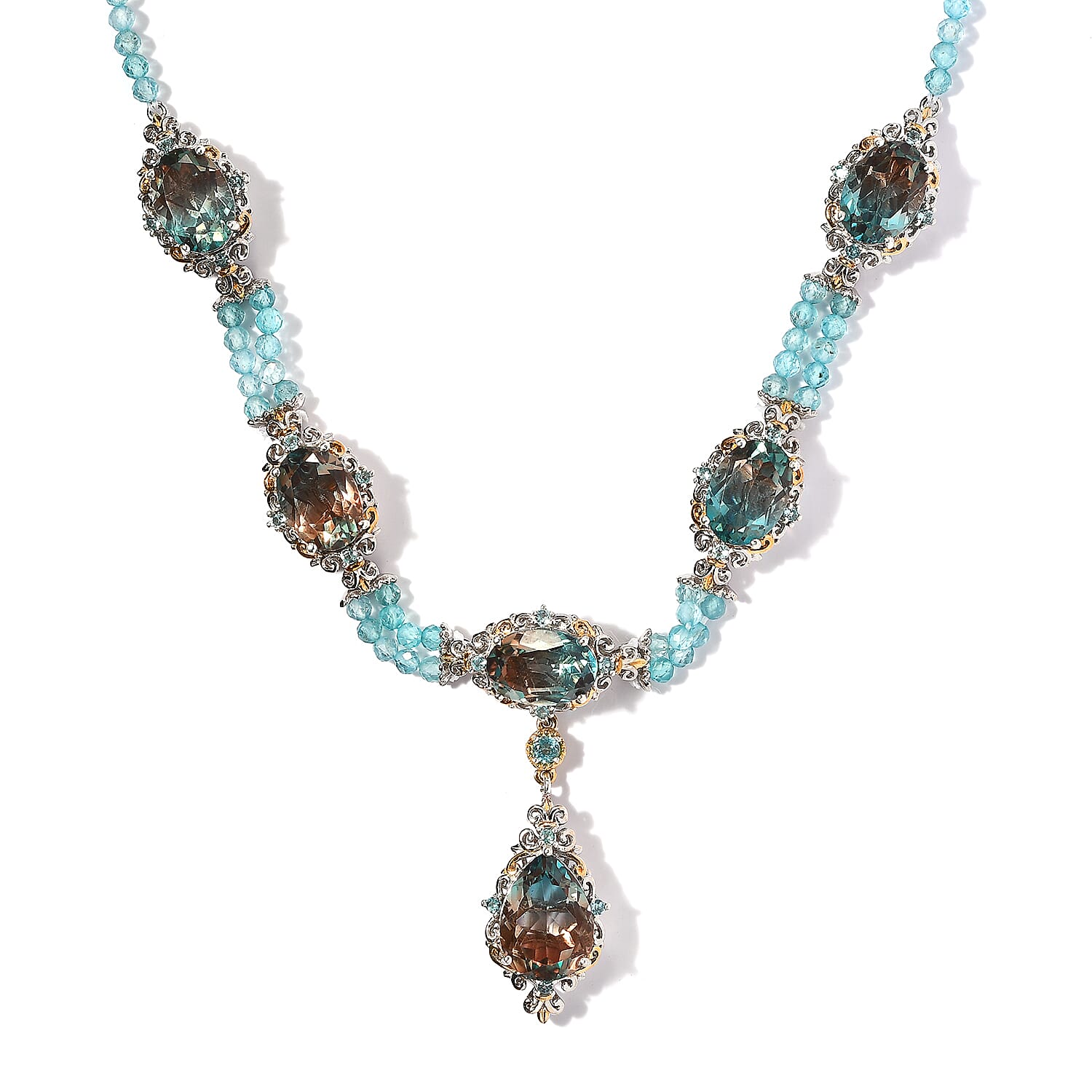 Aqua Terra Costa Quartz (Triplet) and Apatite Necklace 18 Inches in Vermeil YG and Platinum Over Sterling Silver 40.00 ctw