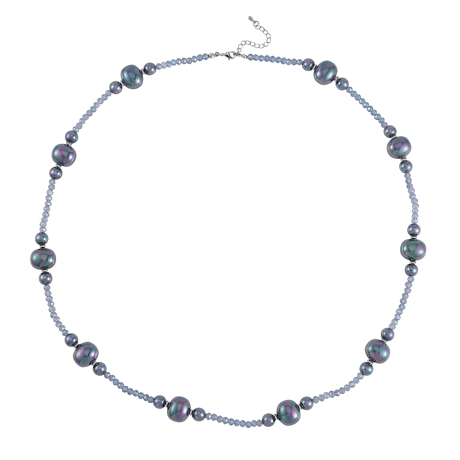 Tahitian Color Shell Pearl, Midnight Blue Color Glass Beaded Necklace (28-30 Inches) in Silvertone