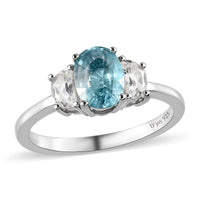 Cambodian Blue Zircon and Natural White Zircon Ring in Platinum Over Sterling Silver 1.65 ctw (Delivery in 3-5 Business Days)