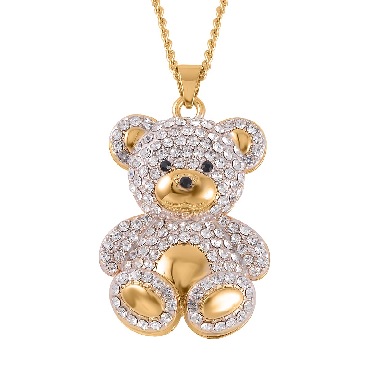 White Austrian Crystal, Black Glass Teddy Bear Necklace 29-31 Inches in Goldtone
