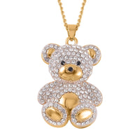 White Austrian Crystal, Black Glass Teddy Bear Necklace 29-31 Inches in Goldtone