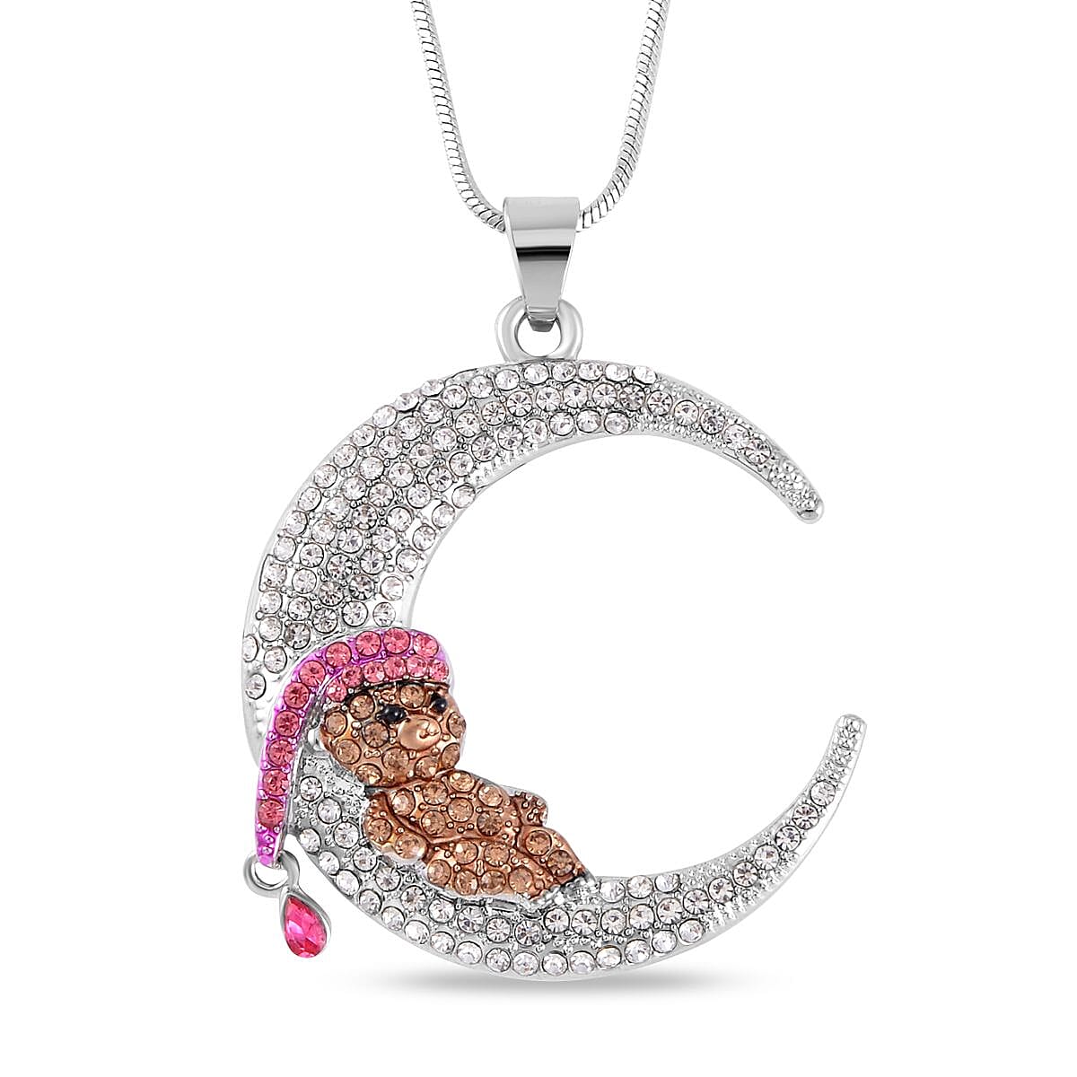 Multi Color Austrian Crystal Teddy Bear Pendant Necklace (29-31 Inches) in Silvertone 30.00 ctw