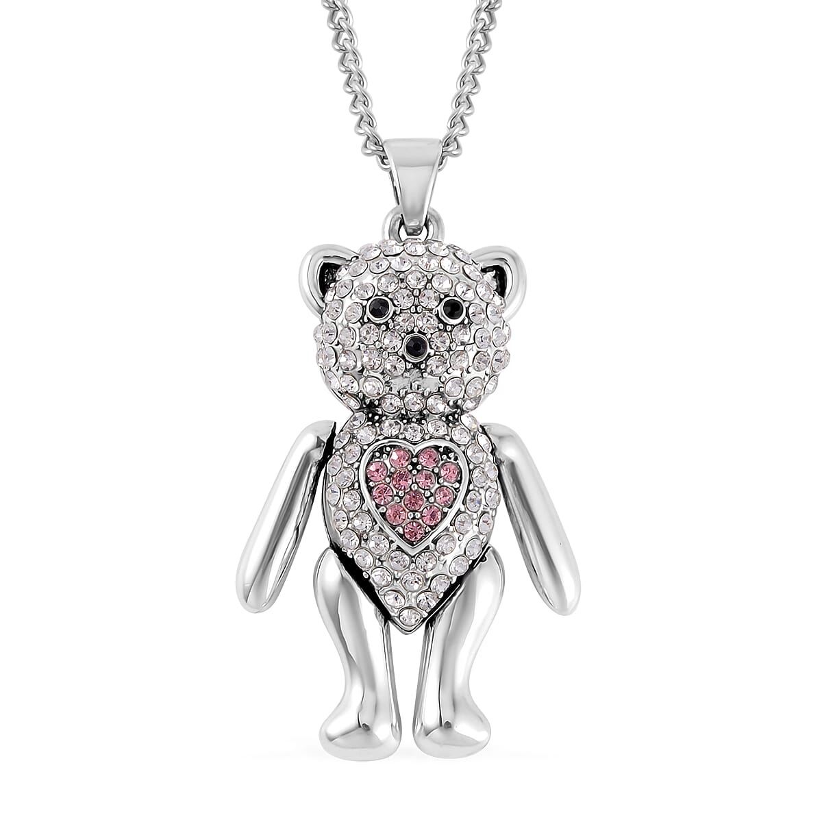 Multi Color Austrian Crystal Teddy Bear Pendant Necklace 29 Inches in Silvertone