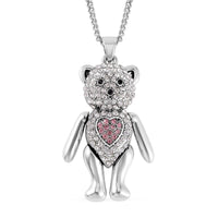 Multi Color Austrian Crystal Teddy Bear Pendant Necklace 29 Inches in Silvertone