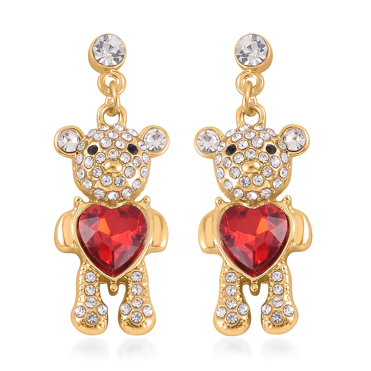 Red Glass, White and Black Austrian Crystal Teddy Bear Earrings in Goldtone
