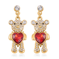 Red Glass, White and Black Austrian Crystal Teddy Bear Earrings in Goldtone