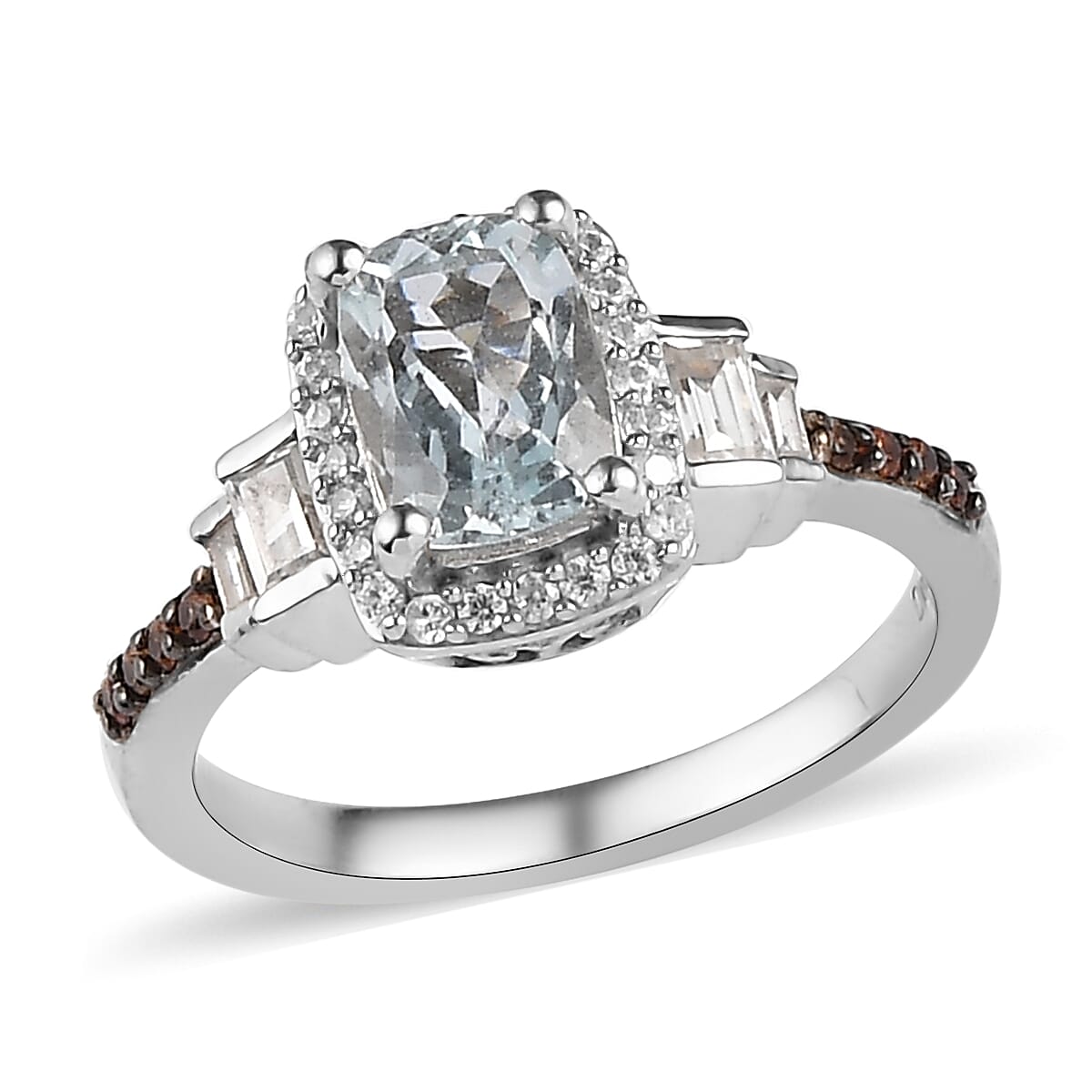 Premium Mangoro Aquamarine, Brown and White Zircon Ring in Platinum Over Sterling Silver 1.25 ctw