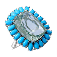 AAA Montezuma Prasiolite and American Natural Sleeping Beauty Turquoise Halo Ring in Platinum Over Sterling Silver 24.25 ctw
