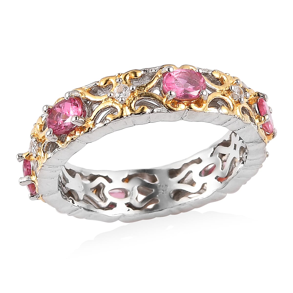 Premium Ouro Fino Rubellite and Natural White Zircon Band Ring in Vermeil Yellow Gold and Platinum Over Sterling Silver 1.00 ctw