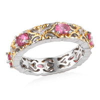 Premium Ouro Fino Rubellite and Natural White Zircon Band Ring in Vermeil Yellow Gold and Platinum Over Sterling Silver 1.00 ctw