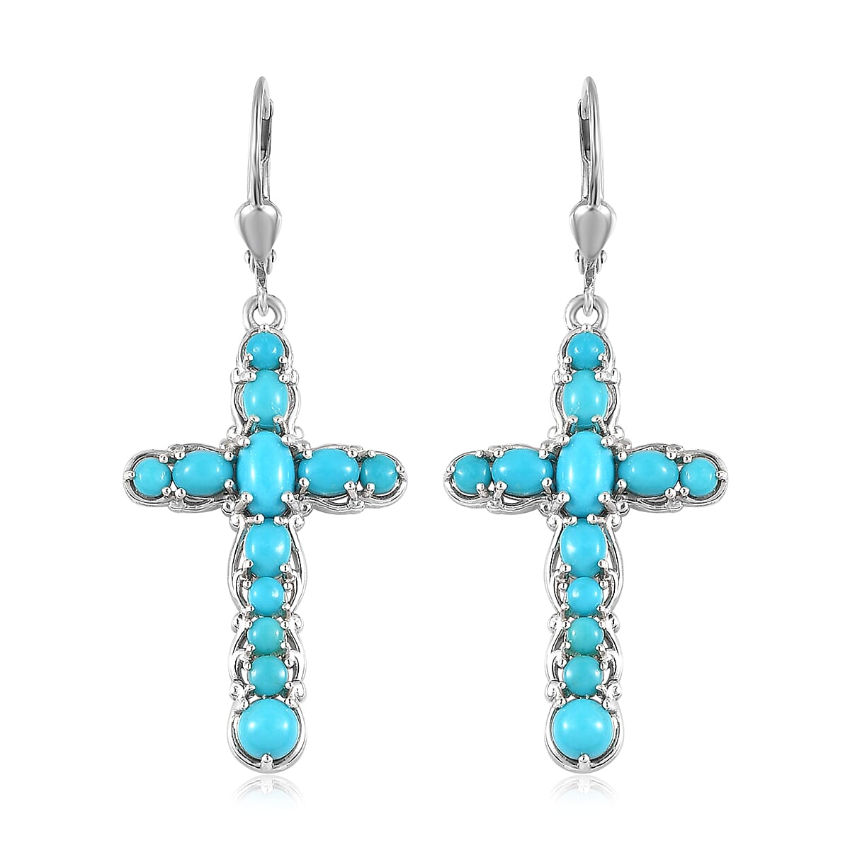 Sleeping Beauty Turquoise Cross Earrings in Platinum Over Sterling Silver 3.85 ctw