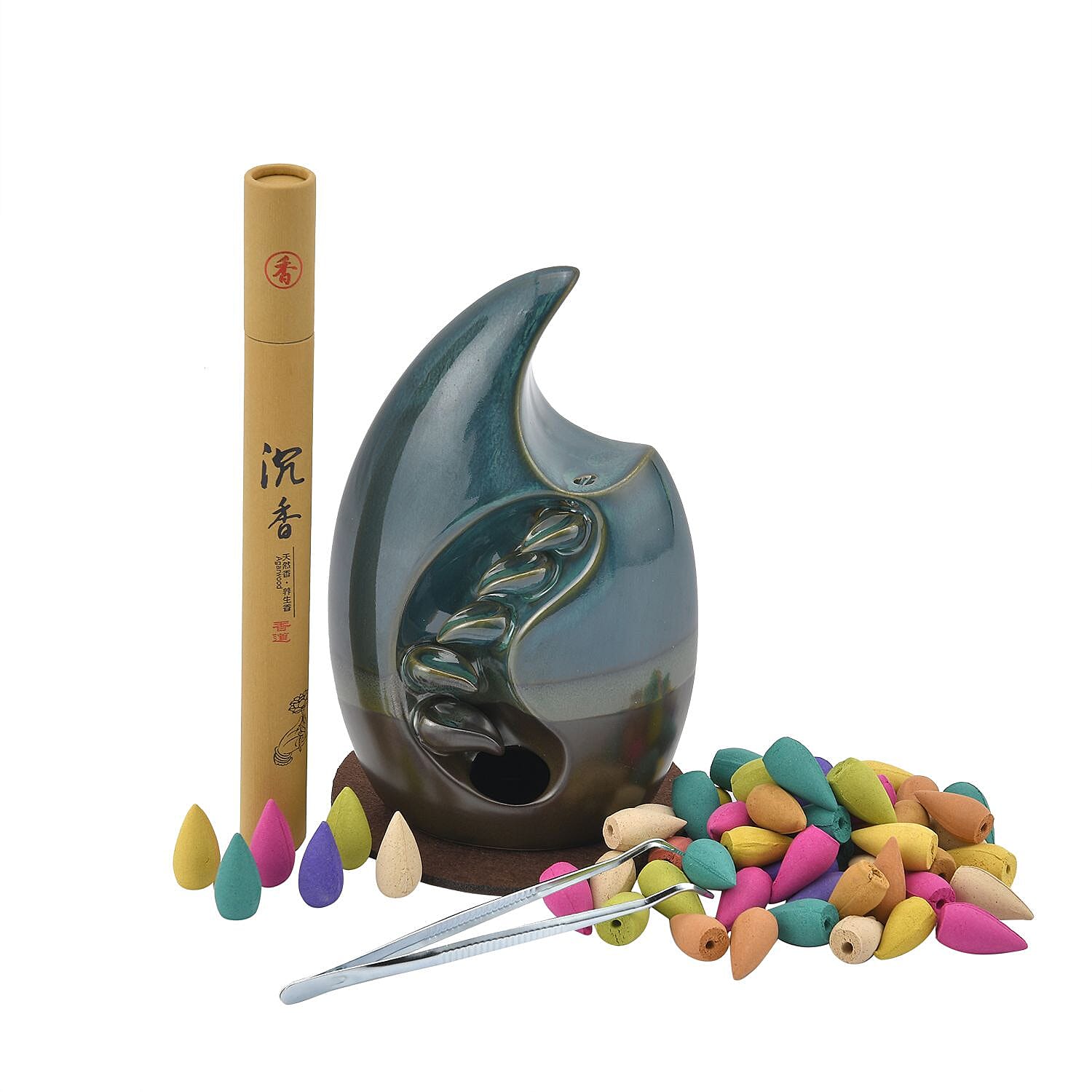 Blue Ceramic Backflow Incense Holder Incense Burner Waterfall with 60 Backflow Incense Cones, 30 Incense Stick, 1p Tweezer and Base (3.93"x3.93"x7.87")