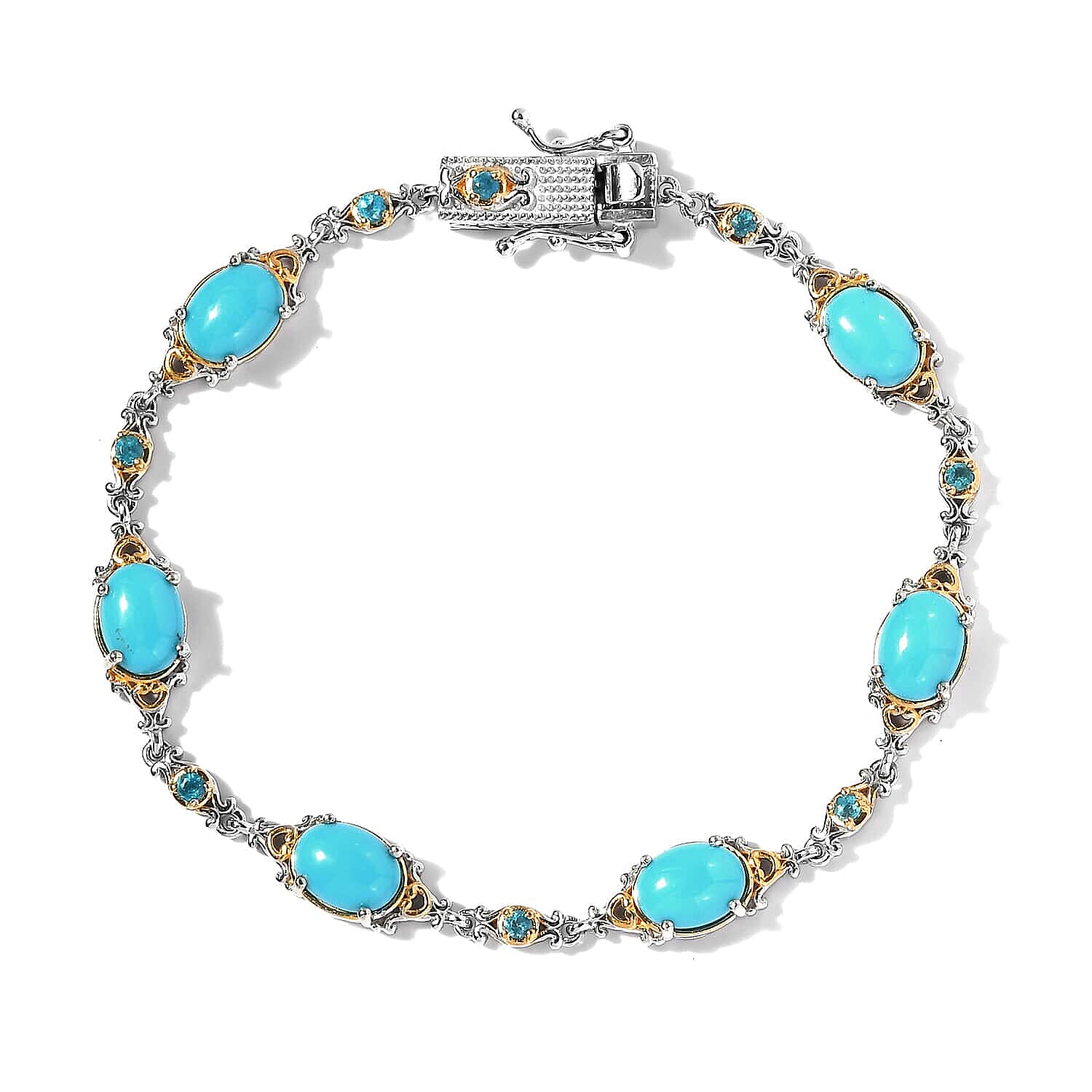 American Natural Sleeping Beauty Turquoise and Malgache Neon Apatite Bracelet in Vermeil Yellow Gold and Platinum Over Sterling Silver (7.25 In) 9.75 Grams 7.75 ctw (Delivery in 7-10 Busines
