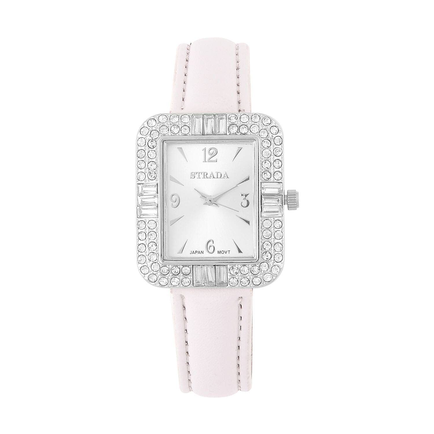 Strada White Austrian Crystal Japanese Movement Watch with White Faux Leather Strap (34mm) (6.5-8In)