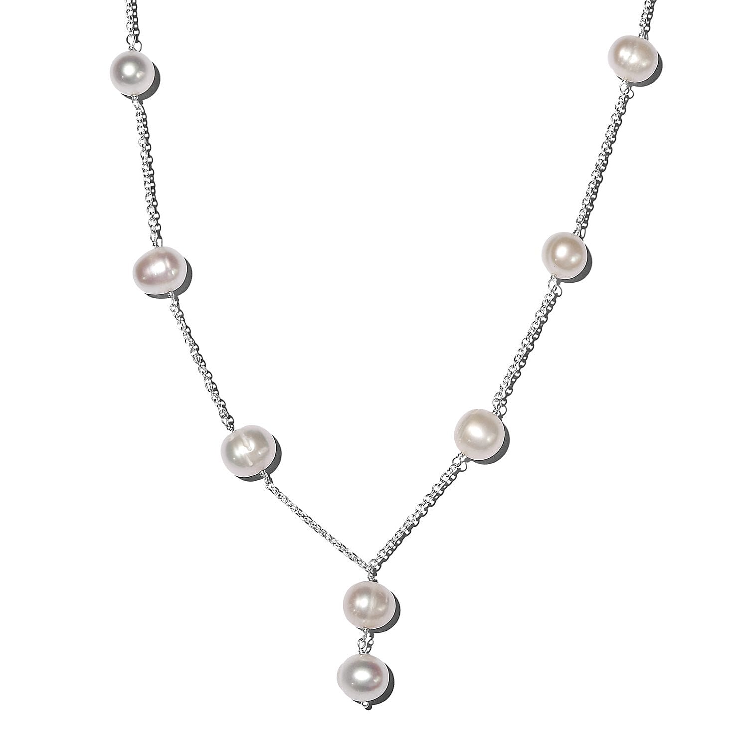Freshwater Pearl Station Necklace 20 Inches in Sterling Silver