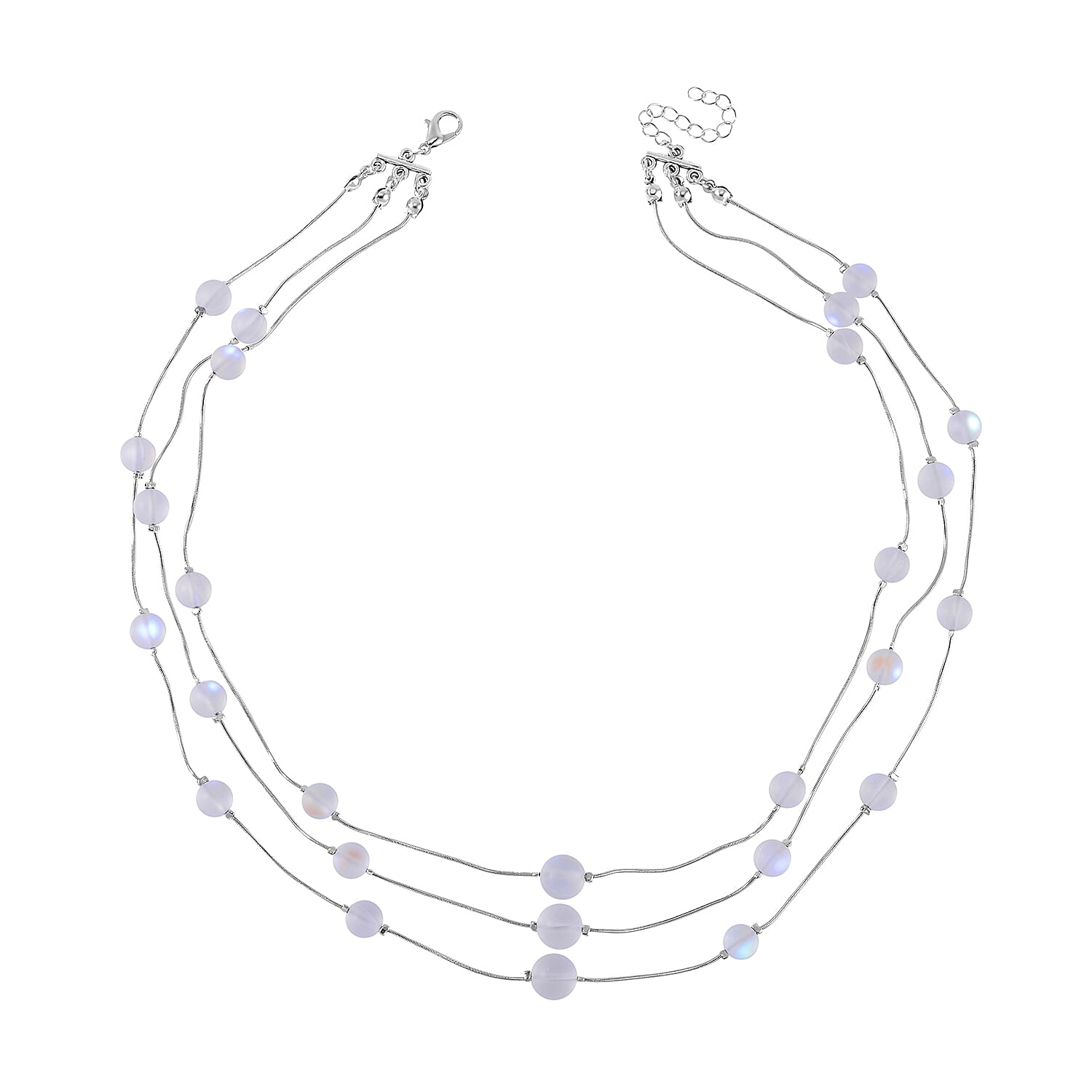 White Magic Color Glass 3 Row Station Necklace 20 Inches in Silvertone