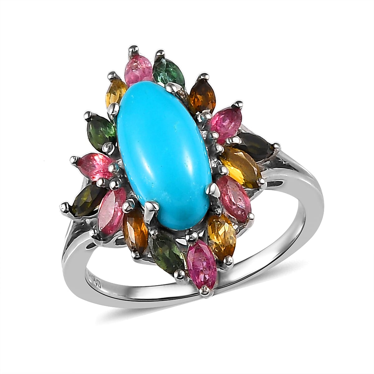 American Natural Sleeping Beauty Turquoise and Multi-Tourmaline Ring in Platinum Over Sterling Silver 3.40 ctw