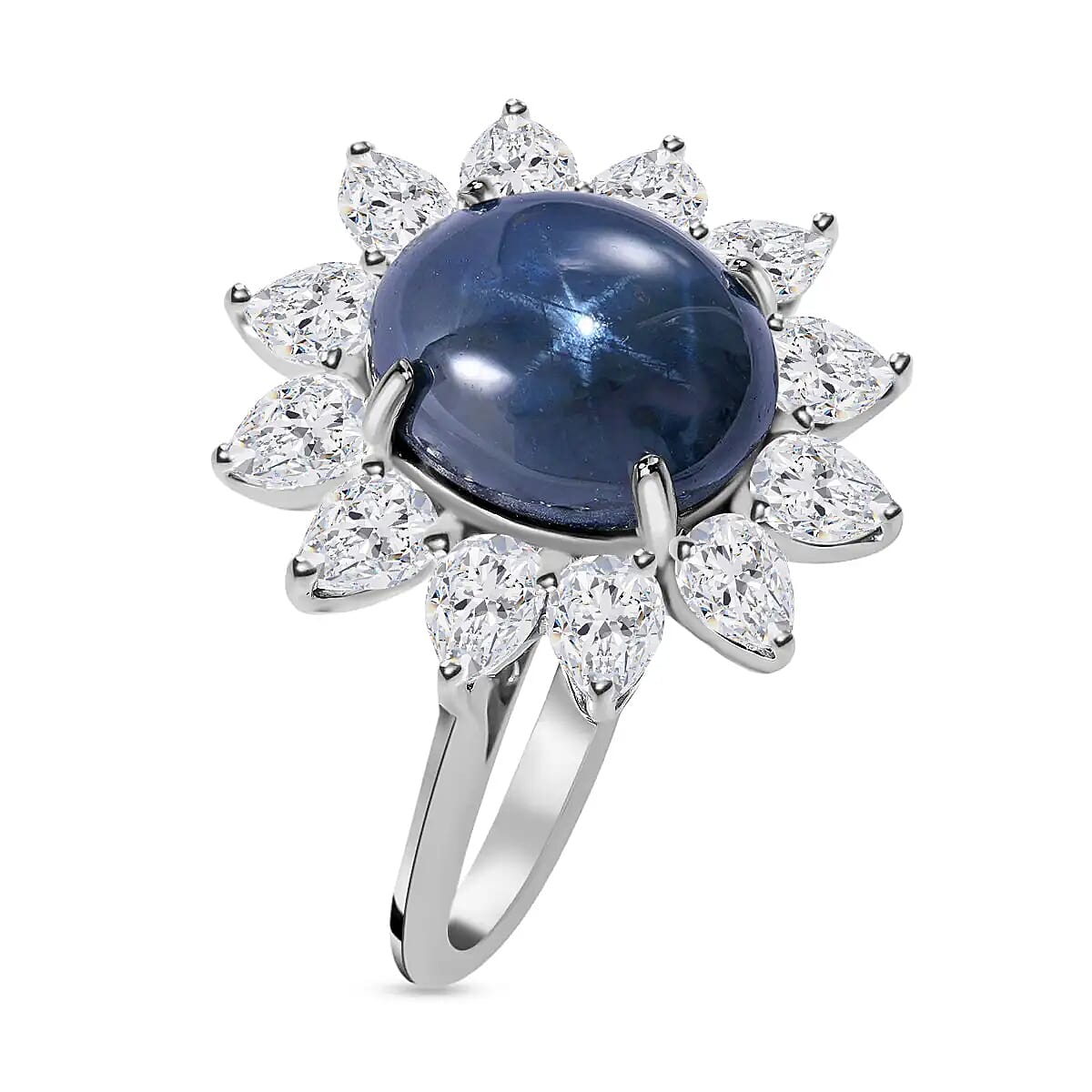 Thai Blue Star Sapphire, Moissanite Floral Ring in Platinum Over Sterling Silver (Size 10.0) (Delivery in 5-7 Business Days) 7.15 ctw