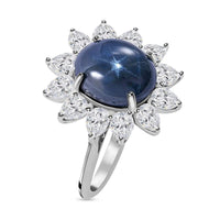 Thai Blue Star Sapphire, Moissanite Floral Ring in Platinum Over Sterling Silver (Size 10.0) (Delivery in 5-7 Business Days) 7.15 ctw