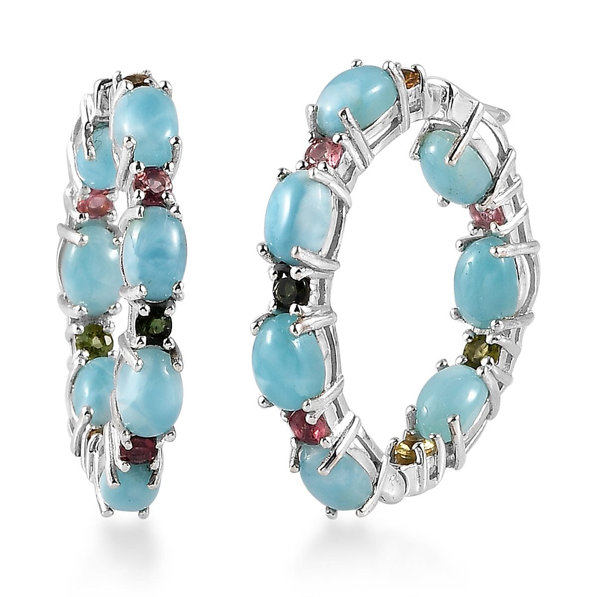 Premium Larimar and Multi-Tourmaline Earrings in Platinum Over Sterling Silver 7.15 ctw