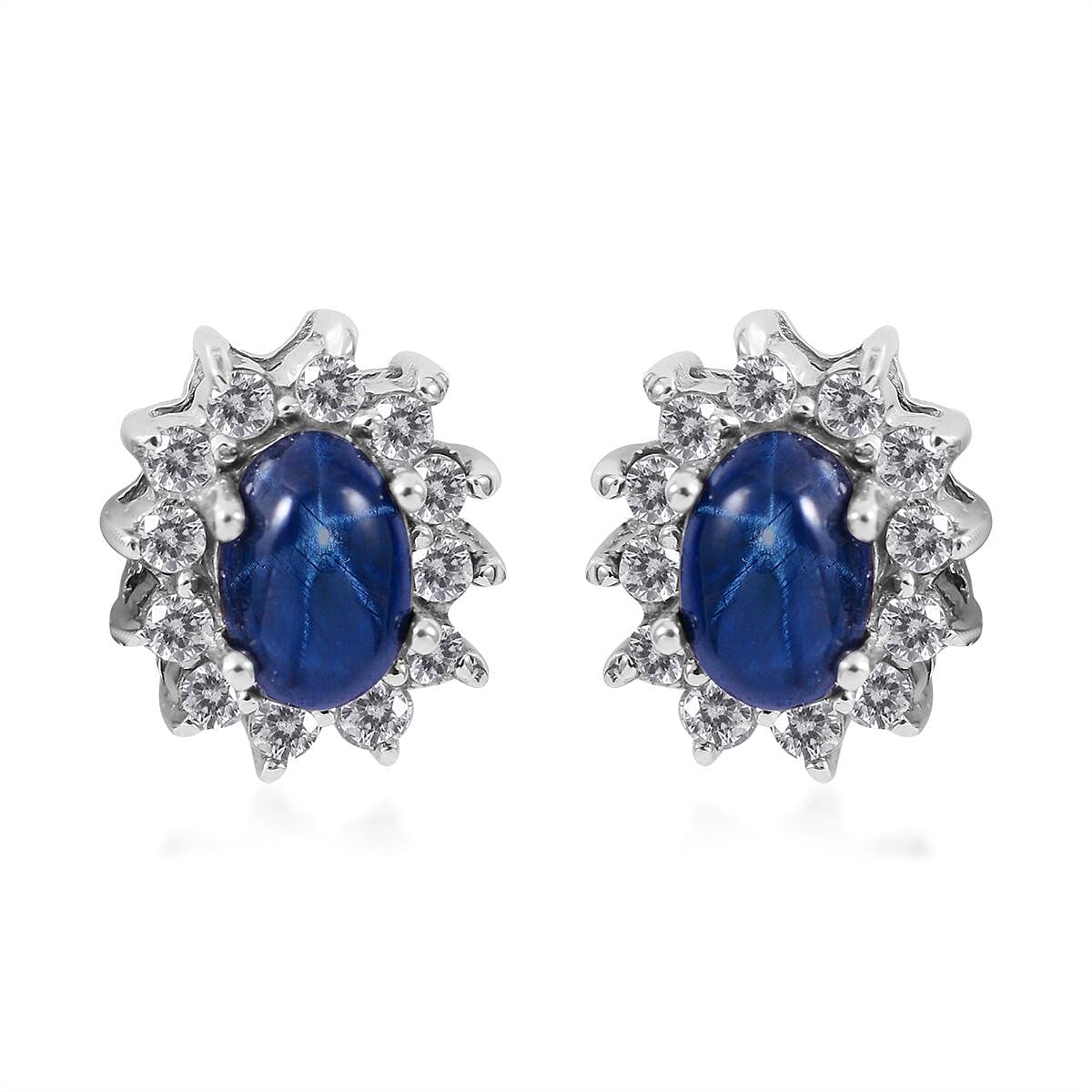Blue Star Sapphire (DF) and White Zircon Sunburst Earrings in Platinum Over Sterling Silver 2.10 ctw