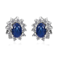 Blue Star Sapphire (DF) and White Zircon Sunburst Earrings in Platinum Over Sterling Silver 2.10 ctw
