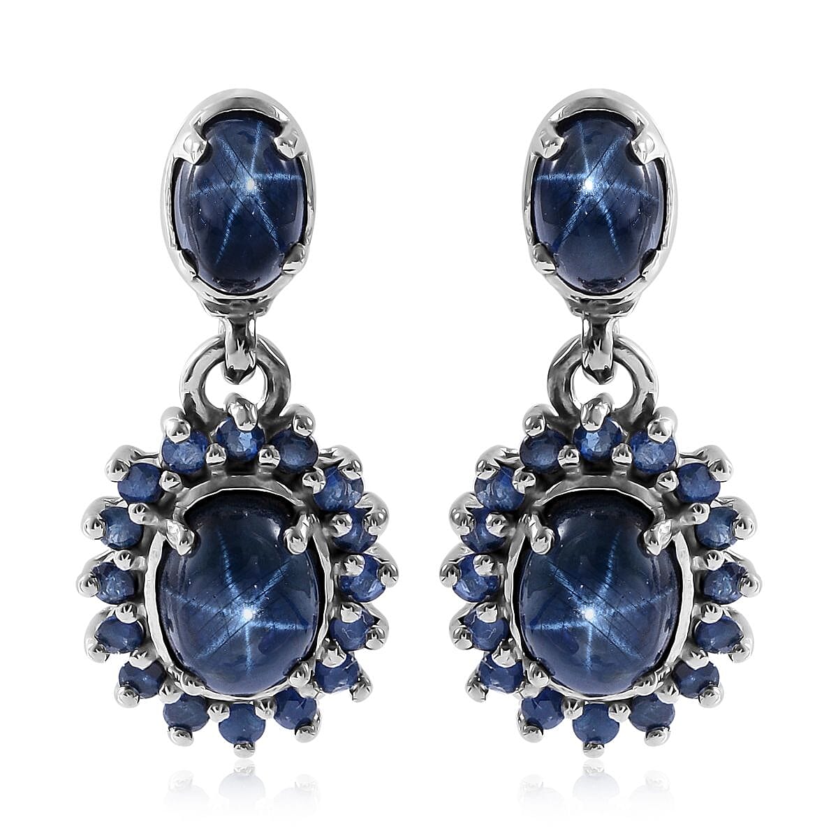 Blue Star Sapphire (DF) and Madagascar Blue Sapphire Dangle Earrings in Platinum Over Sterling Silver 4.65 ctw