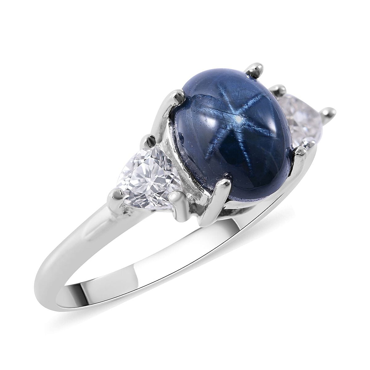 Thai Blue Star Sapphire, Natural White Zircon Ring in Platinum Over Sterling Silver (Delivery in 3-5 Business Days) 3.50 ctw
