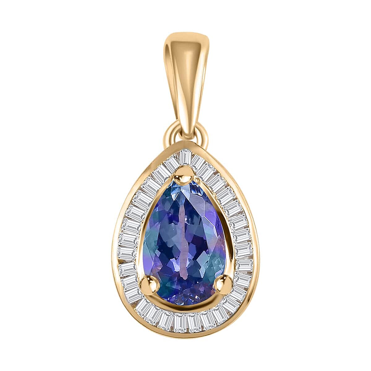 Luxoro 10K Yellow Gold Premium Peacock Tanzanite and Diamond Halo Pendant 1.10 ctw
