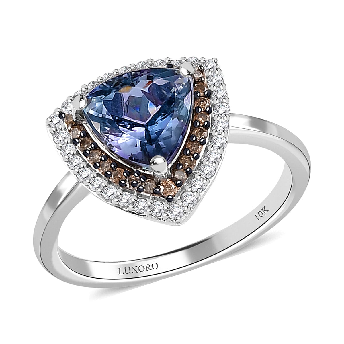 LUXORO 10K White Gold Premium Peacock Tanzanite, Natural Champagne and White Diamond Double Halo Ring 2.75 Grams 2.00 ctw