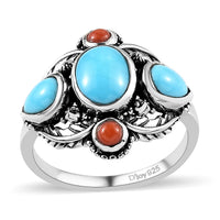 Artisan Crafted American Natural Sleeping Beauty Turquoise and Mediterranean Coral Ring in Sterling Silver 3.00 ctw