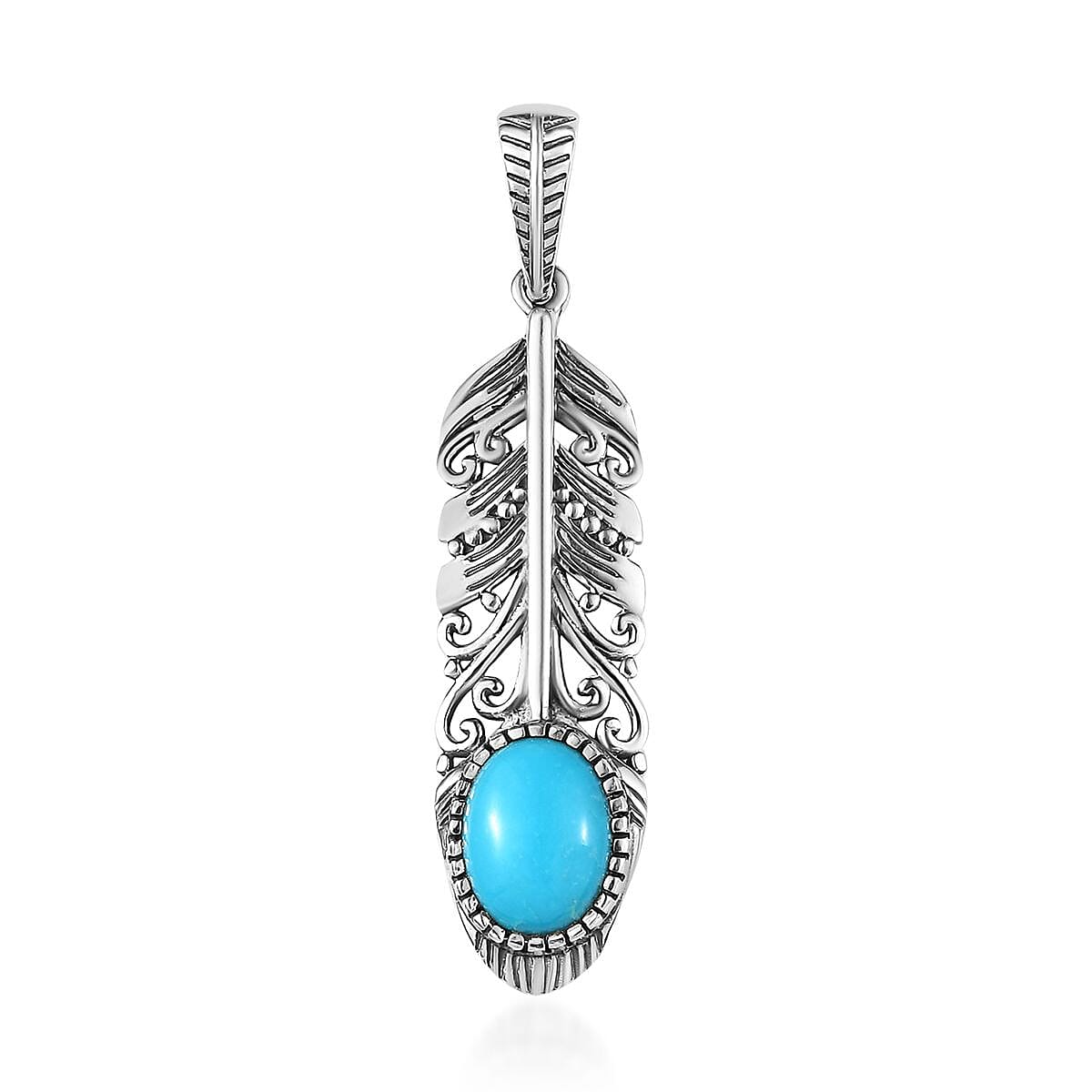 Artisan Crafted Sleeping Beauty Turquoise Feather Pendant in Sterling Silver 1.50 ctw