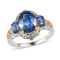 Kashmir Kyanite 3 Stone Ring in Vermeil Yellow Gold and Platinum Over Sterling Silver 5.65 ctw