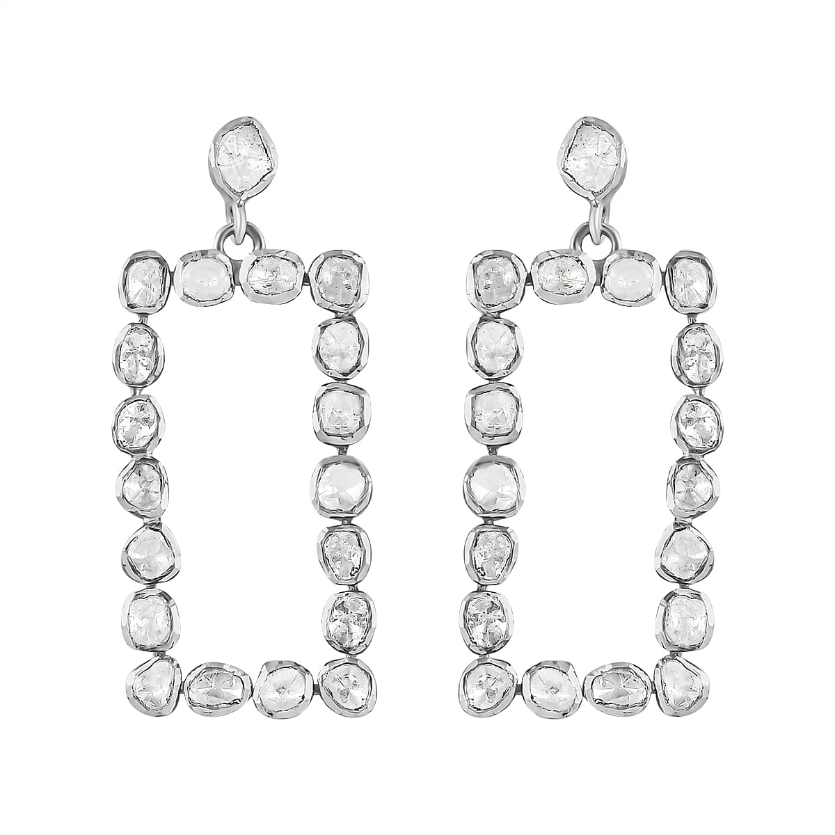Polki Diamond Rectangular Shape Dangle Earrings in Platinum Over Sterling Silver 2.00 ctw