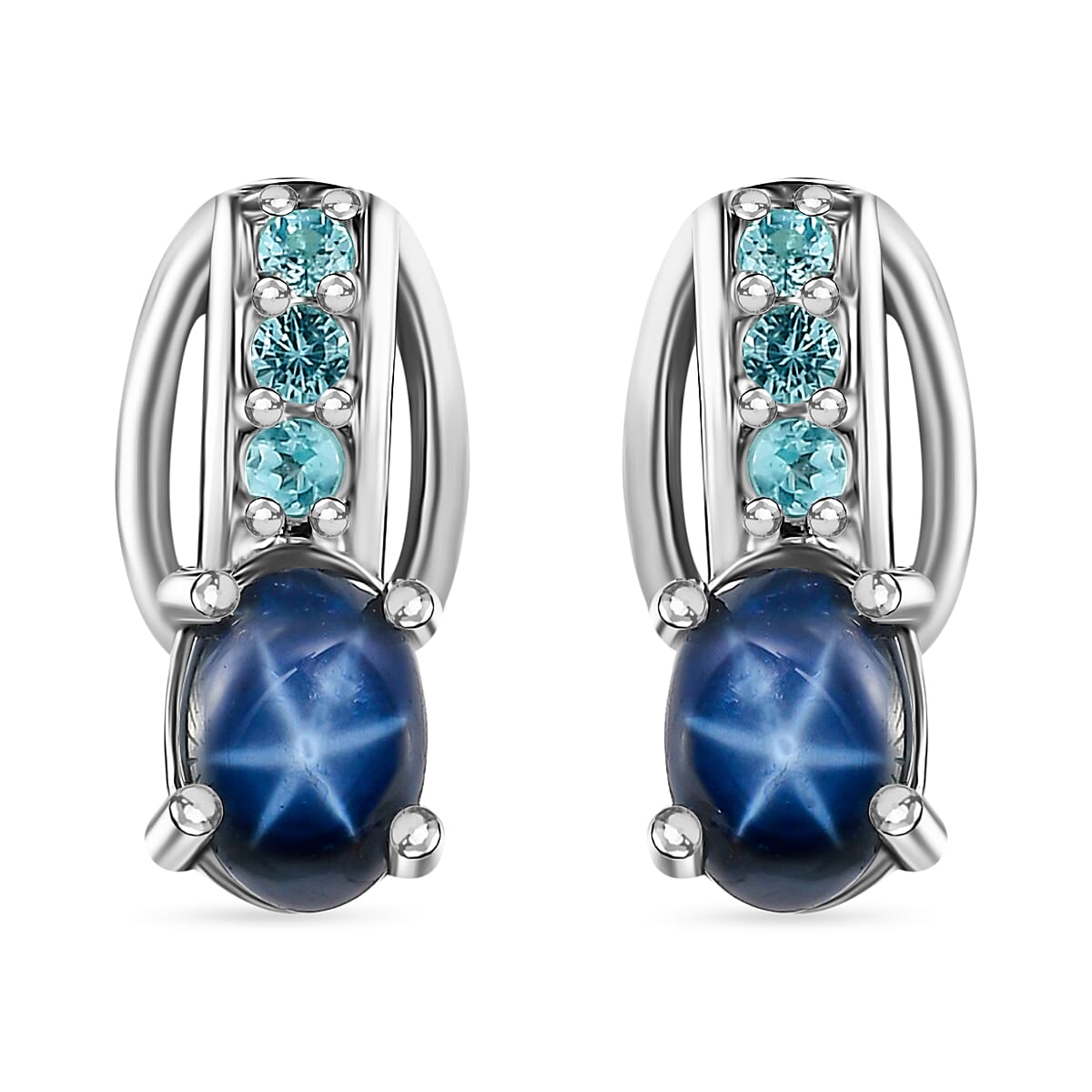 Blue Star Sapphire (DF) and Madagascar Paraiba Apatite Earrings in Platinum Over Sterling Silver 1.75 ctw