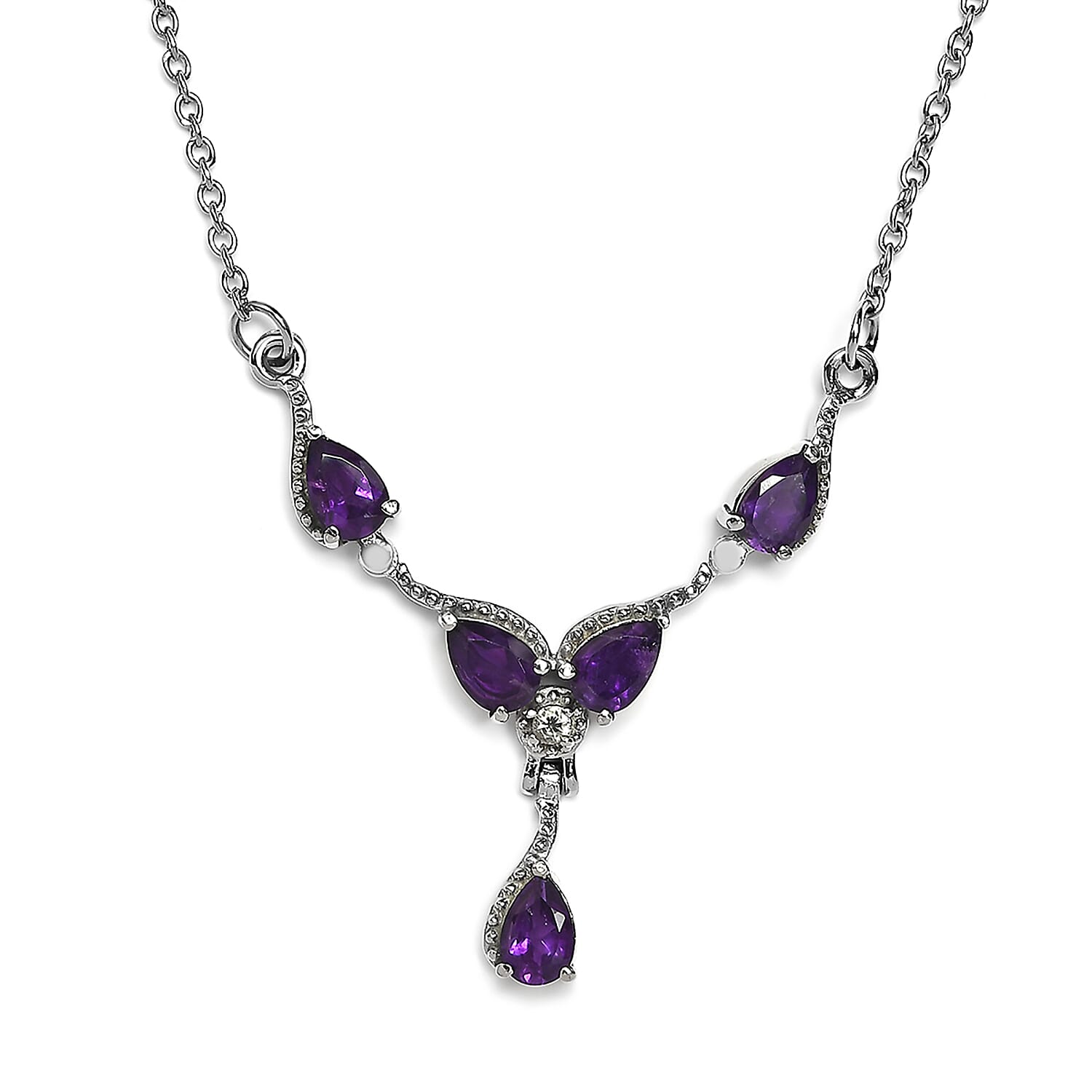 Amethyst and Natural White Zircon Necklace 20 Inches in Stainless Steel 1.85 ctw