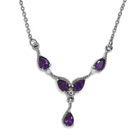 Amethyst and Natural White Zircon Necklace 20 Inches in Stainless Steel 1.85 ctw