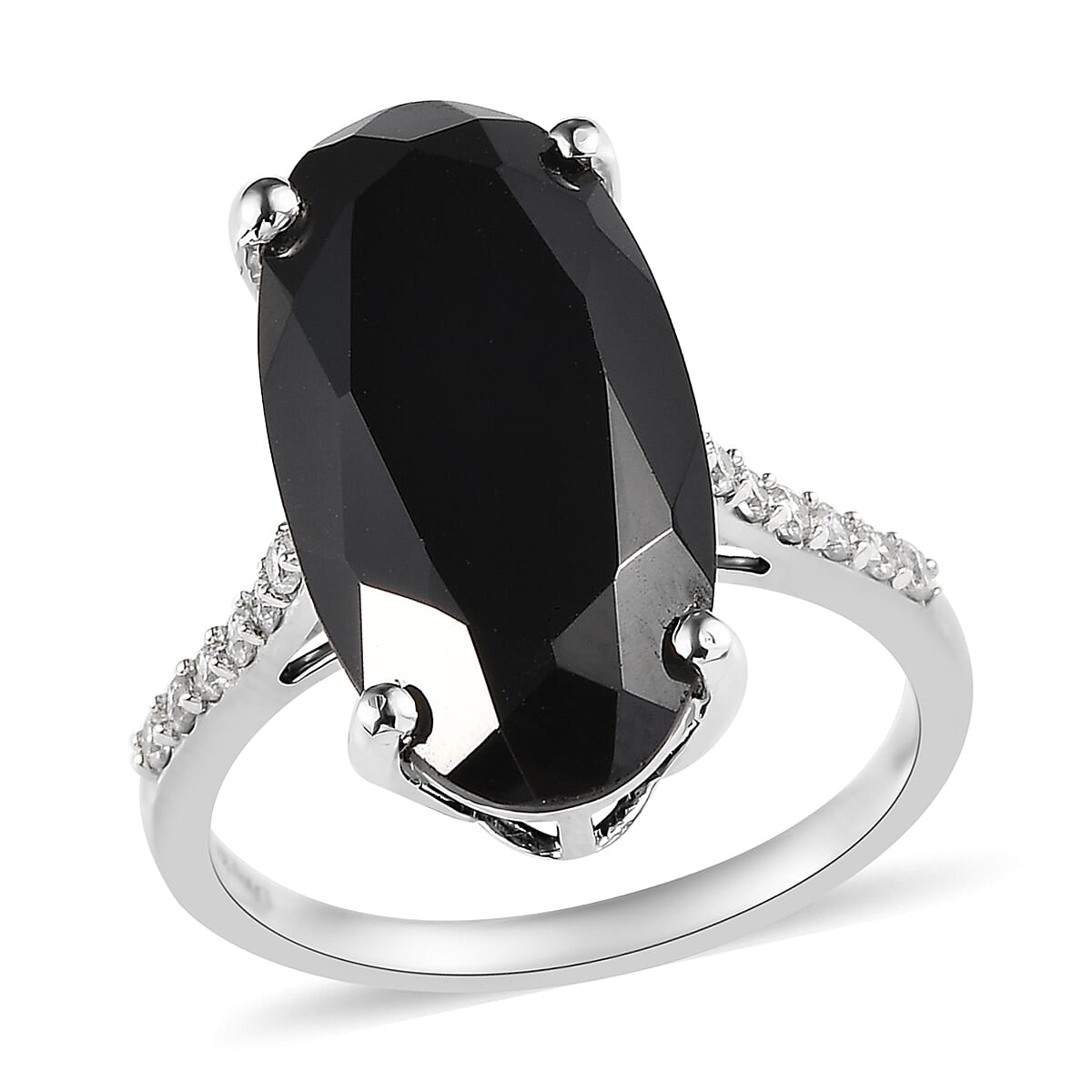 Natural Thai Black Spinel and Natural White Zircon Elongated Ring in Platinum Over Sterling Silver 12.00 ctw