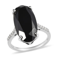 Natural Thai Black Spinel and Natural White Zircon Elongated Ring in Platinum Over Sterling Silver 12.00 ctw