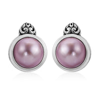 Pink Pearl Floral Framework Stud Earrings in Sterling Silver