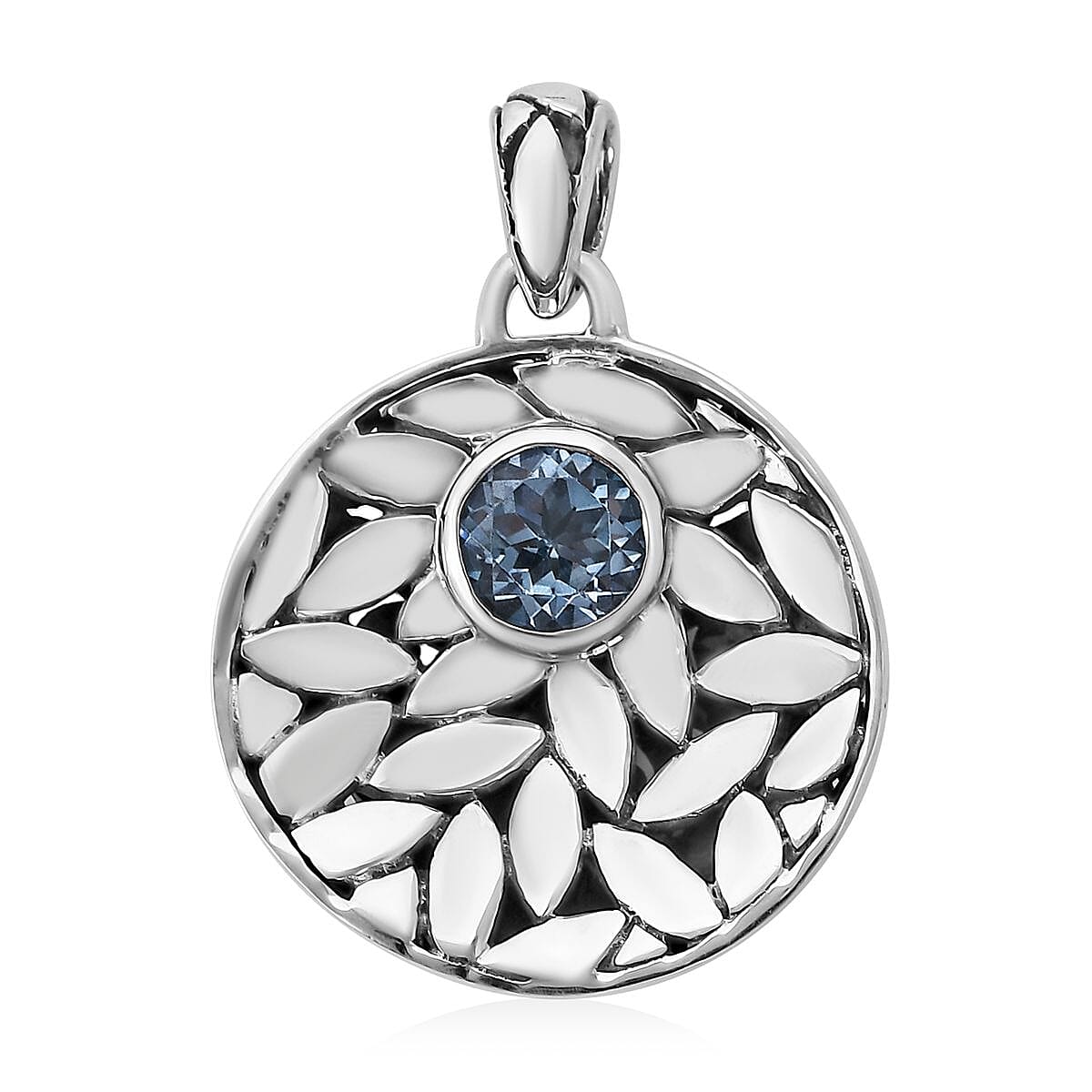Bali Legacy Sky Blue Topaz Floral Framework Pendant in Sterling Silver 0.20 ctw