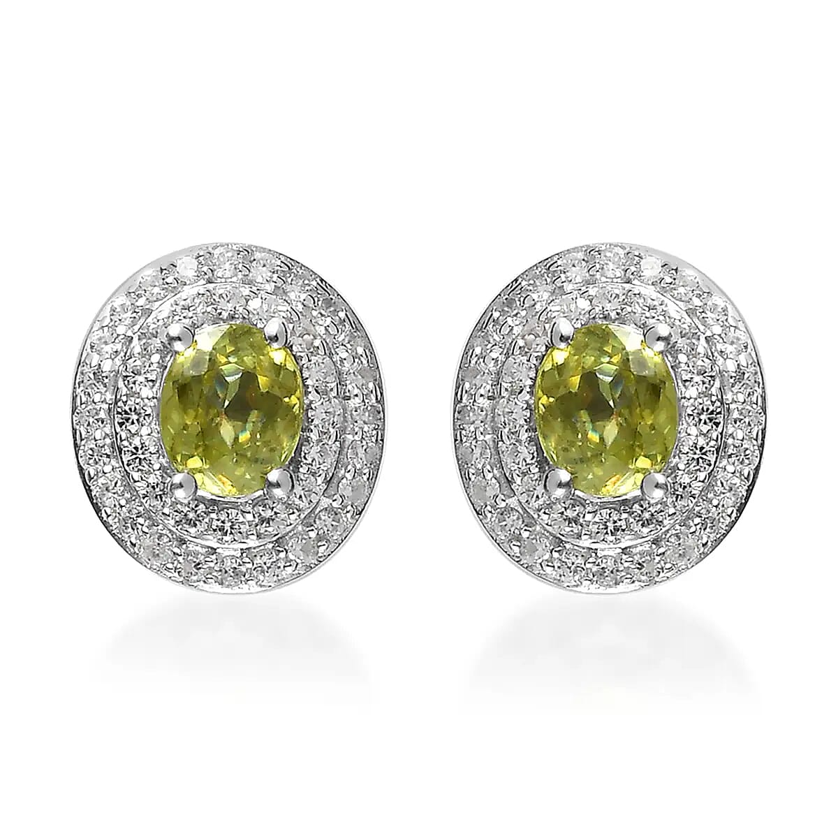 AAA Sava Sphene and White Zircon Double Halo Stud Earrings in Platinum Over Sterling Silver 1.50 ctw